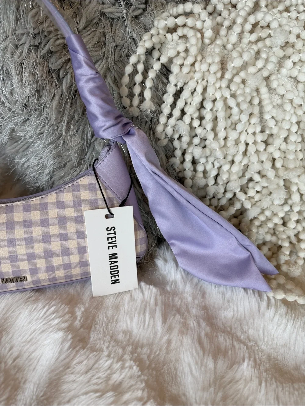 NWT Steve Madden Lilac Gingham Shoulder Bag with Scarf Detail